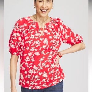 Chicos Red Floral Embroidered Cotton Peasant Blouse Women’s Size 4 (20)